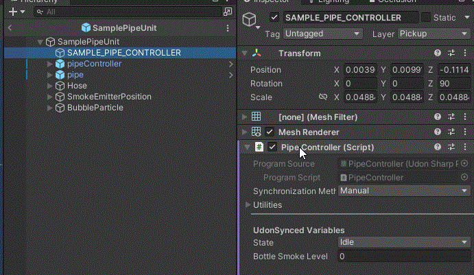 SAMPLE_PIPE_CONTROLLERオブジェクトからPipeControllerコンポーネントを移動させている様子